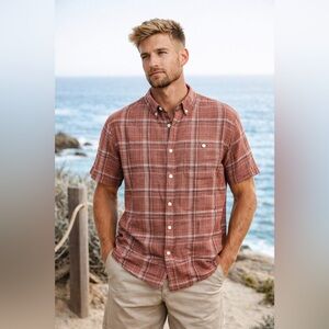 Weatherproof Vintage Plaid Linen Shirt Men’s XL Short Sleeve Button Down